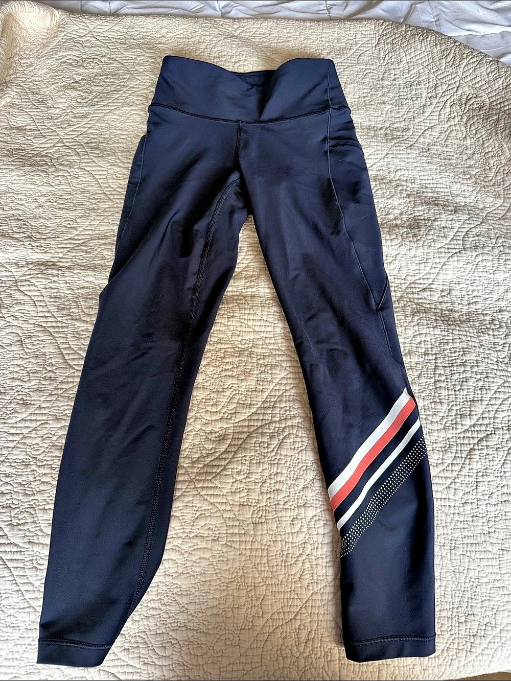 Athleta Interval Stash Diagonal Stripe 7/8 Tight Blue & Red XS